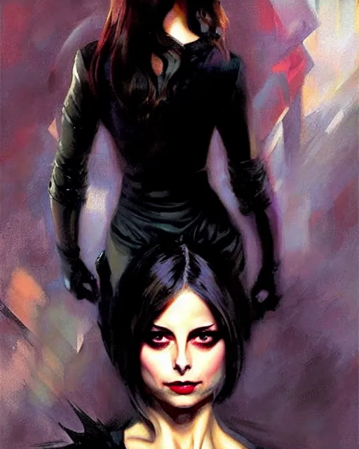 Image similar to style of dean cornwell, artgerm : : gorgeous willa holland : : evil witch, swirling black magic, black dress : : symmetrical face, symmetrical eyes : : full body pose : : gorgeous black hair : : magic lighting, low spacial lighting : :