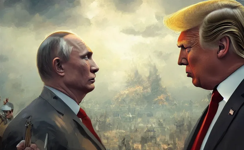 Image similar to Donald Trump vs Vladimir Putin, face to face staring, civil war style, highly detailed, digital painting, artstation, concept art, smooth, sharp focus, illustration, cinematic lighting, art by artgerm and greg rutkowski and alphonse mucha