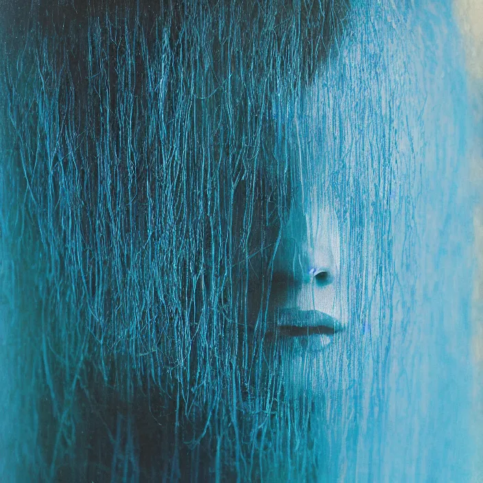 Prompt: closeup portrait of a woman wrapped in blue fiber, standing in a rainforest, color photograph, by vincent desiderio, canon eos c 3 0 0, ƒ 1. 8, 3 5 mm, 8 k, medium - format print