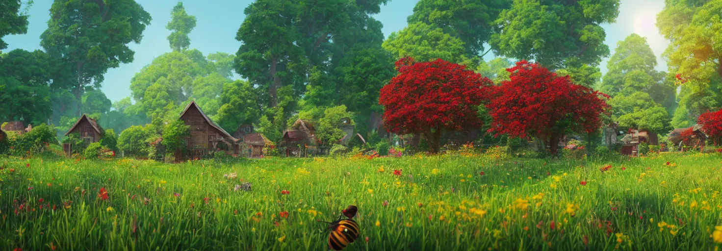 Image similar to a beautiful forest meadow village landscape flowers, crimson - black beehive, happy trees, photorealistic, octane render, rtx, hdr, unreal engine, digital art widescreen 8 k in the style of studio ghibli and bob ross and pixar and bee movie