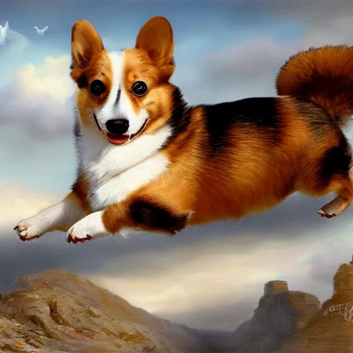 Image similar to an corgi leaving the nest to fly for the first time, oil on canvas, portrait, intricate, 8k highly professionally detailed, HDR, CGsociety