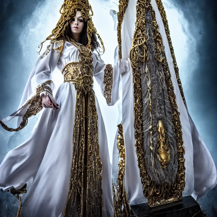 Image similar to full length photo of a very beautiful!! elemental air witch with ornate white robes, highly detailed, 4 k, hdr, smooth, sharp focus, high resolution, award - winning photo