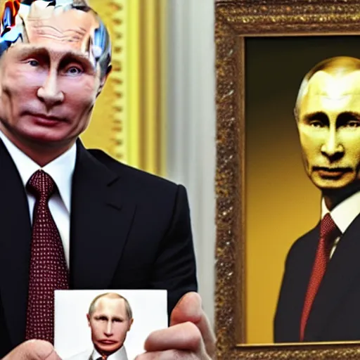 Prompt: putin is holding a picture of putin holding a portrait of putin