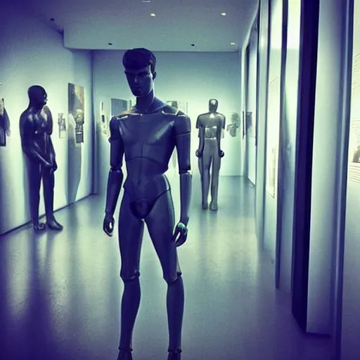 Image similar to “ a realistic detailed photo of a guy who is an attractive humanoid who is half robot and half humanoid, who is a male android, actor liam hemsworth, shiny skin, posing like a statue, blank stare, at the museum, on display ”