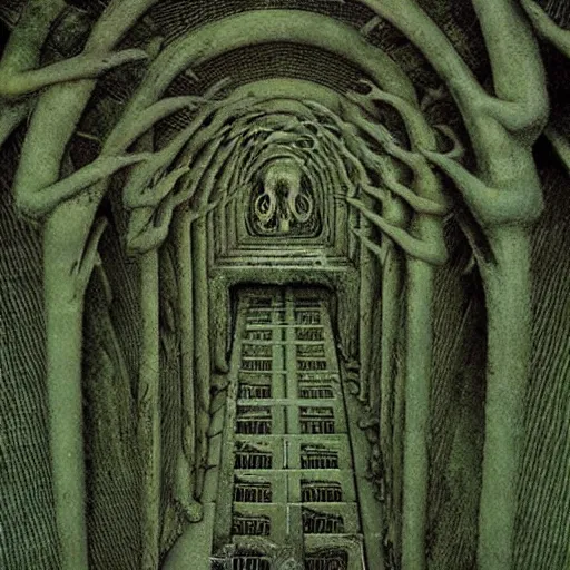 Image similar to ossuary cemetary segmented shelves overgrown, graveyard, vertical shelves, zdzisław beksinski, hr giger, mystical occult symbol in real life, high detail, green fog