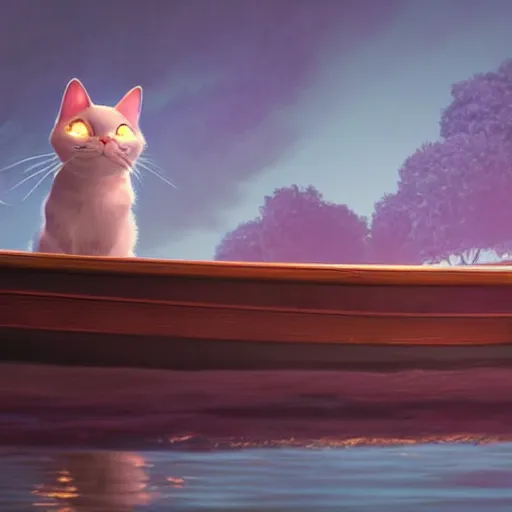 Prompt: a wholesome animation key shot of a cat on a boat close to the shore in the night, medium shot, studio ghibli, pixar and disney animation, sharp, rendered in unreal engine 5, anime key art by greg rutkowski, bloom, dramatic lighting