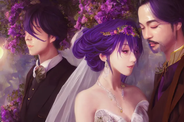 Prompt: a cinematic portrait of wedding photograph jpeg close up moment of a divine a japan sun god and moon goddess lovers magician at a wedding banquet. portraiture. digital painting. artstation. concept art. wedding photo. digital painting, 8 k realistic, hyper detailed, violet evergarden art masterpiece by art by krenz cushart