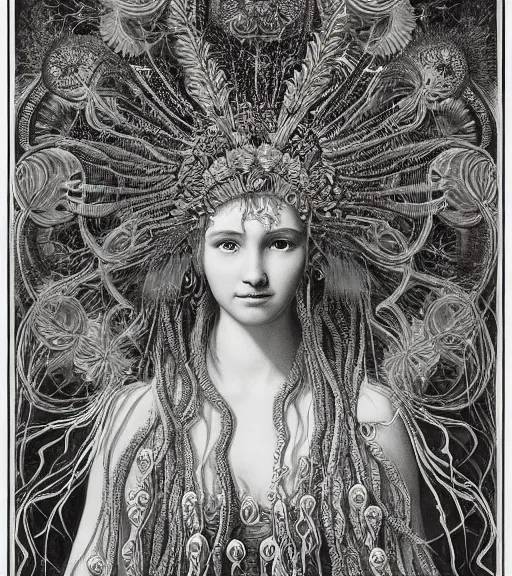 Prompt: portrait of a beatiful young goddess with intricate jellyfish headdress, dark background, intricate hyper detailed art by ernst haeckel and james jean