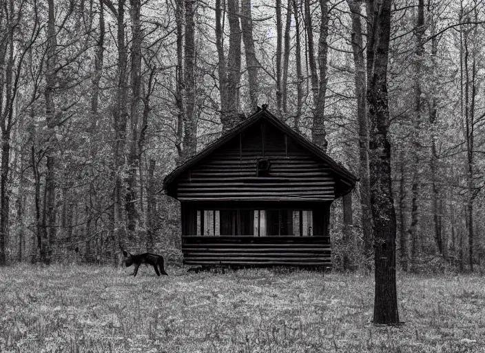 Image similar to house in the wood, black wolf guarding, Jakub Rozalski, lomography photo, blur, unfocus, red monochrome, oil painting