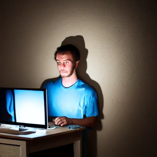 Image similar to golbin man hiding away on a computer in a dark hovel flash light lit dimly lit room