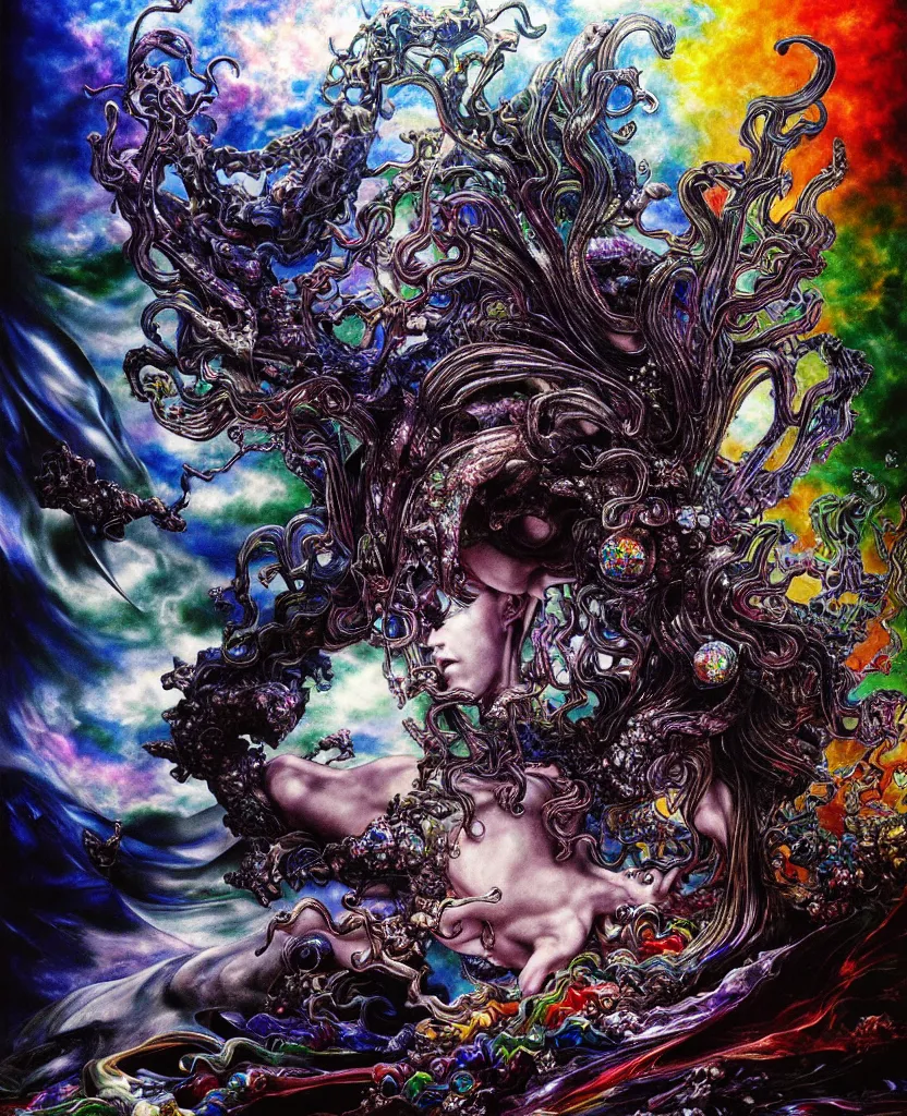 Image similar to realistic detailed image of ultra wrathful rainbow diamond iridescent mega god of chaos, depth perception, depth of field, action horror by ayami kojima, neo - gothic, gothic, part by adrian ghenie and gerhard richter. art by yoshitaka amano. masterpiece