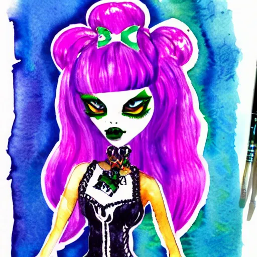 Prompt: colorful watercolor painting of a monster high doll