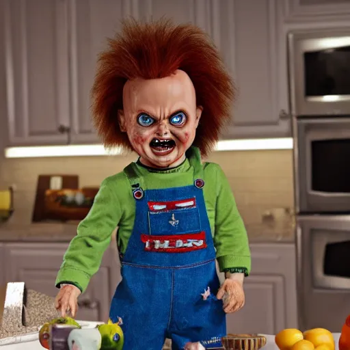 Image similar to chucky the killer doll standing on the kitchen table