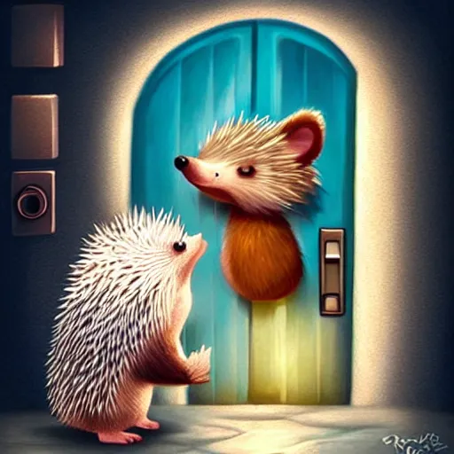 Image similar to cute adorable hedgehog opening the door, shy hedgehog, blushing, waving, smiling, cute, hedgehog, by cyril rolando