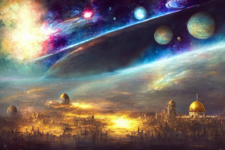 Image similar to The golden city of New Jersualem in the clouds, the orion nebula in the sky, nebula, fantasy city, fantastical architecture, divine, holy, art by Stephan Martinière, Martinière artwork, fantasy, beautiful, HD