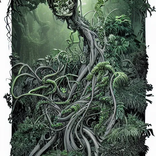 Image similar to EXTREMELY DETAILED TWISTED DENSE vegetation stunning jungle beautifully-rendered verdant green ENT NYMPH twisting winding knotted tangled vines and trees by moebius by James Jean, by Mike Mignola comic graphic novel style action illustration COMPLICATED INTRICATE BUSY, gritty textured, trending on artstation