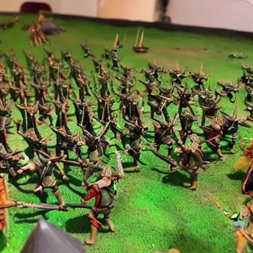 Prompt: photo taken of an epic miniature battlefield diorama, an army of high elves battling a horde of orcs, with highly detailed exquisitely painted 3 d printed characters, wide shot, photorealistic, sharp focus, f 0. 4, golden ratio, golden hour = w 7 6 8