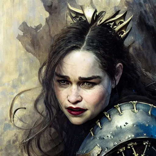 Image similar to emilia clarke, with short canines fangs, wearing dark black ornamented medieval armour, detailed, by gaston bussiere, bayard wu, greg rutkowski, giger, maxim verehin, greg rutkowski, masterpiece, sharp focus,