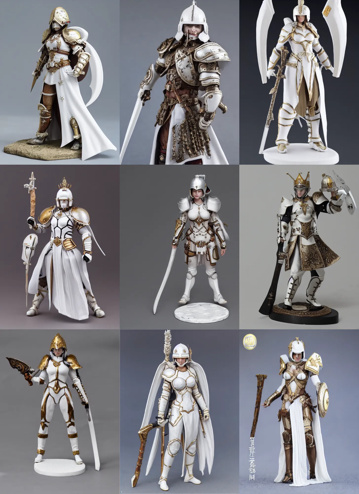 Prompt: 80mm resin detailed miniature of a Queen of war, white armor, iron mask and helmet, Very long white cloak, Very muscular, abdomen, olive skin, on textured base; Miniature product Introduction Photos, Logo, 4K, Full body; Front view