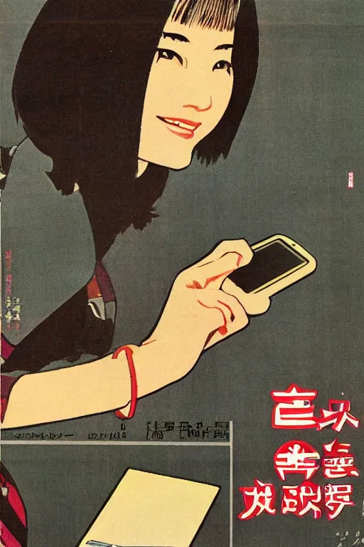 Image similar to cell phone advertisment, still life, 1 9 7 0 s japan shouwa advertisement, print, nostalgic