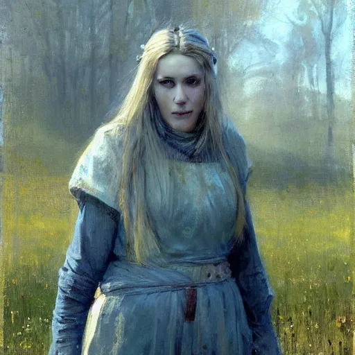 Image similar to Richard Schmid and Jeremy Lipking full length portrait painting of A shield-maiden (Old Norse: skjoldmø [ˈskjɑldˌmɛːz̠]) was a female warrior from Scandinavian folklore and mythology. Shield-maidens are often mentioned in sagas such as Hervarar saga ok Heiðreks and in Gesta Danorum. They also appear in stories of other Germanic peoples: Goths, Cimbri, and Marcomanni.[1] The mythical Valkyries may have been based on such shield-maidens. She carries a shield on one arm, and a spear in her other hand