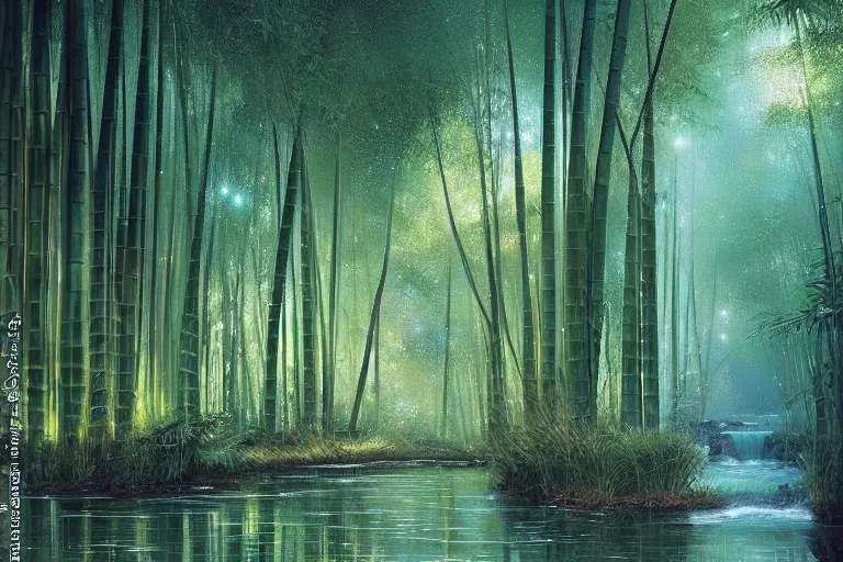 Prompt: Glittering water stream in a bamboo forest at night, by Andreas Rocha