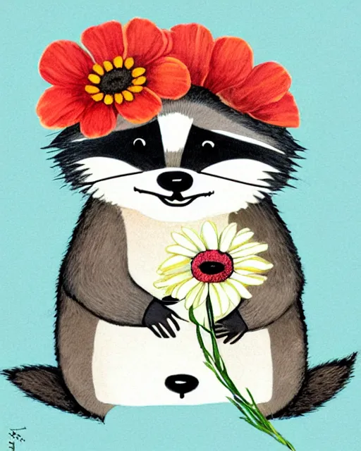 Prompt: a minimalist storybook illustration of a smiling happy cute raccoon wearing a flower crown of daisies and poppies, by antoine de saint - exupery and annabel kidston and naomi okubo and jean - baptiste monge. a child storybook illustration, muted colors, soft colors, low saturation, fine lines, white paper