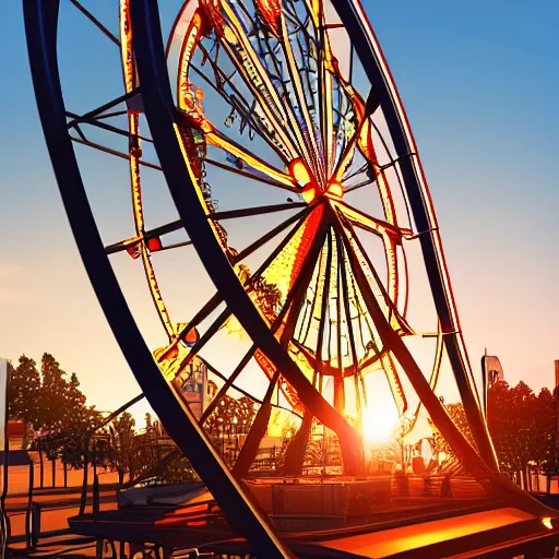 Image similar to ferris wheel at sunrise. neon light, award winning, artstation, intricate details, realistic, volumetric lighting, sun rays beaming, hyperdetailed, 8 k resolution, golden hour, intricate art nouveau, smooth, sharp focus, rendered in unreal engine 3