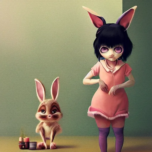 Image similar to little bunny anthropomorphic girl in pajama. digital artwork made by ilya kuvshinov, inspired by zootopia and balthus, highly detailed, realistic,