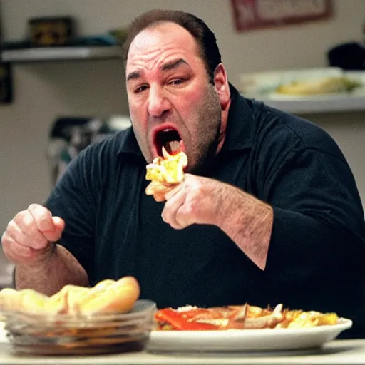 Image similar to james gandolfini angry while eating gabagool, 8 k, high definition, highly detailed, photo - realistic