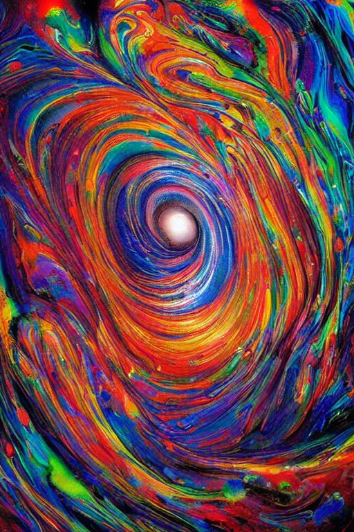 Prompt: fluid dynamics flow art a painting of a colorful black hole with a colorful swirl exploding into rainbows, acrylic marbling art by sam spratt, beksinski, deviantart, psychedelic art, psychedelic, cosmic horror, chromatic