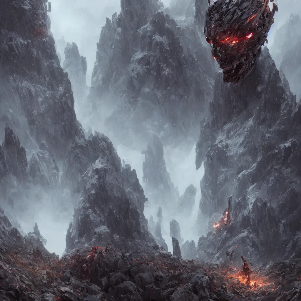 Image similar to a detailed portrait of a giant humanoid robots buried half way in the mountains by Greg Rutkowski, Sung Choi, Mitchell Mohrhauser, Maciej Kuciara, Johnson Ting, Maxim Verehin, Peter Konig, final fantasy, Marco lense , 8k photorealistic, cinematic lighting, HD, high details, atmospheric , trending on artstation