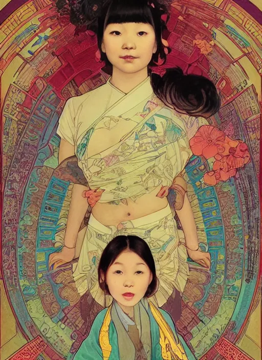 Image similar to colourful upper half portrait of an asian girl with proportions in the style of jack davis - presented in magazine collage style, art by hsiao - ron cheng & alphonse mucha, magazine collage, highly detailed, caricature, caricature, caricature digital painting, concept art, ray tracing, illustration, smooth, sharp focus, intricate, symmetry, pinterest, behance, artstation