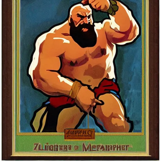 Image similar to zangief from street fighter wrestling a bear by alphonse mucha