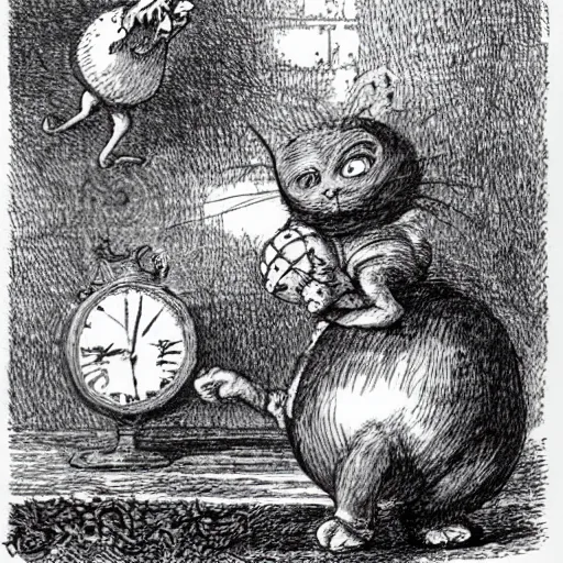 Prompt: cheshire cat knocking humpty dumpty off wall, by john tenniel