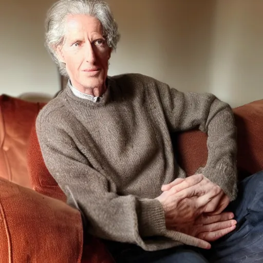 Image similar to cozy picture of older handsome lord richard is sitting gracefully on a sofa, his eyes look wise