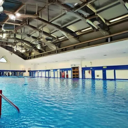 Prompt: a indoors waterpark. the ceiling is flooded. craiglist photo.