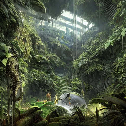 Image similar to epic, ultra detailed, hyper - real alien jungle by greg rutkowski inside a giant research facility by zaha hadid