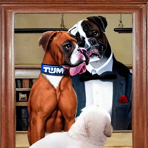 Prompt: boxer dog boxing Donald trump in the style of Norman Rockwell