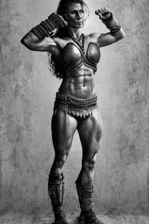 Image similar to full body portrait, thin muscular viking amazon warrior woman, 6 pack ab, symmetrical beautiful face, relaxed pose