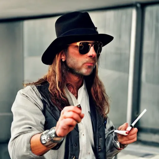 Prompt: a reslisrtic photo of a hot 37 years old man, renegade style, with long darkblond hair, round sunglasses, a leather fedora and a cigarette