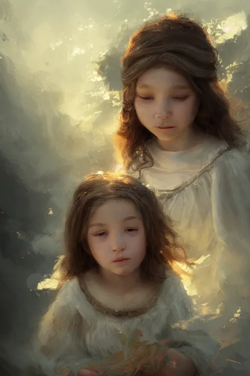 Prompt: medieval little girl, joyful, hope, dreaming, close - up portrait, intricate, elegant, volumetric lighting, scenery, digital painting, highly detailed, artstation, sharp focus, illustration, concept art, ruan jia, steve mccurry