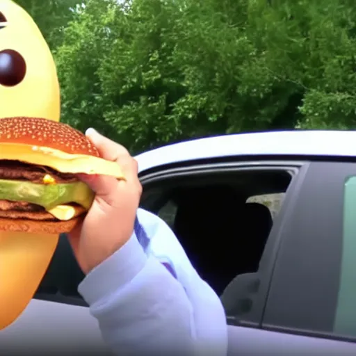 Prompt: anthropomorphic oozing garbage bag sitting in sweltering vehicle holding a cheeseburger for food review, still frame, youtube