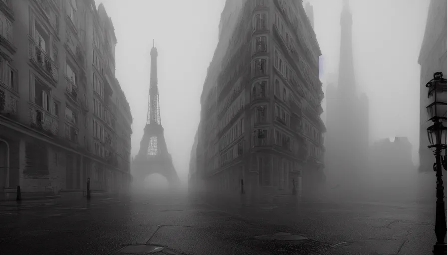 Image similar to empty neo - gothic paris streets in the fog, wet ground, hyperdetailed, artstation, cgsociety, 8 k