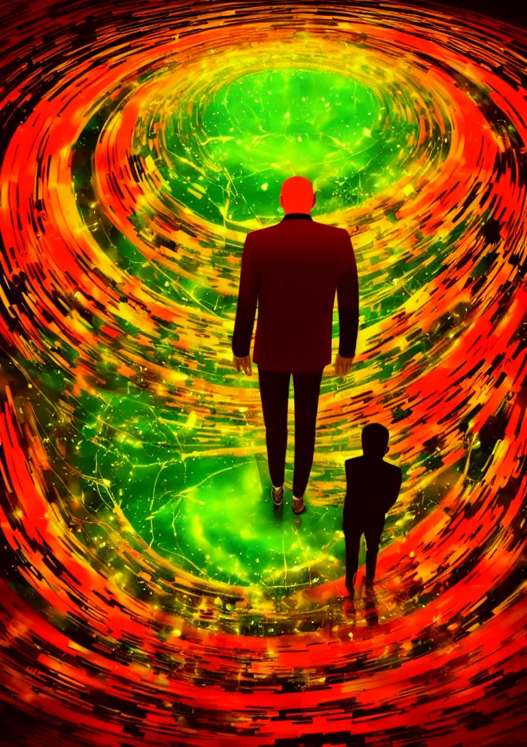 Image similar to Behind the troubled indecisive man was The portal into his imagination containing a swirling vortex of memories and ideas. High concept art. Introspective. Red orange yellow green themed.