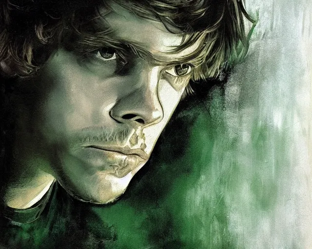 Image similar to portrait of young luke skywalker mark hamill young from star wars 6 return of the jedi 1 9 8 3 in shades of grey but with green by jeremy mann