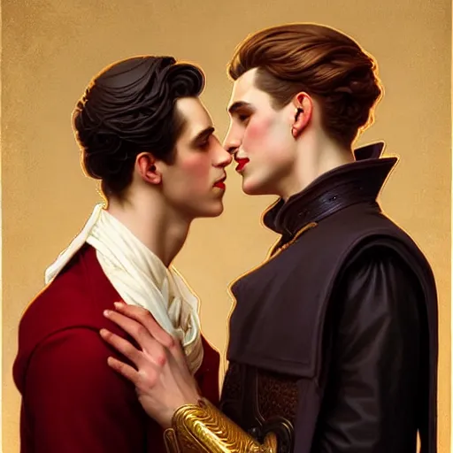 Image similar to attractive fully clothed king confesses his love for his attractive fully clothed male prince. highly detailed painting by j. c. leyendecker, tom bagshaw,