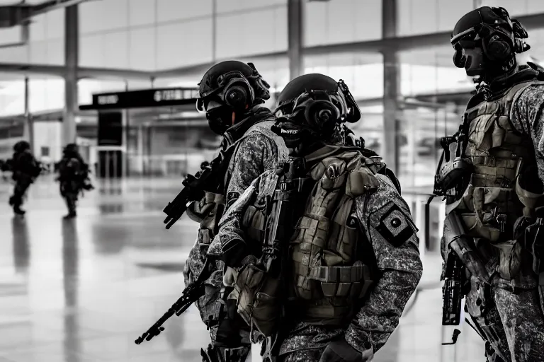 Prompt: Mercenary Special Forces soldiers in grey uniforms with black armored vest and black helmets fighting inside an airport in 2022, Canon EOS R3, f/1.4, ISO 200, 1/160s, 8K, RAW, unedited, symmetrical balance, in-frame, combat photography