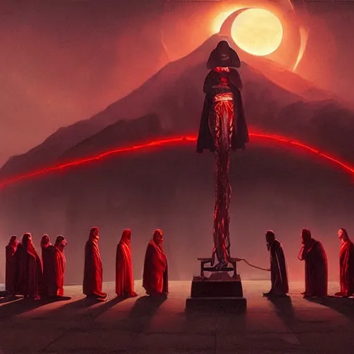 Image similar to A group of people in Sith lord robes pray to a red marble serpent statue, the scene is lit by a red moon., Matte painting , detailed painting, greg rutkowski