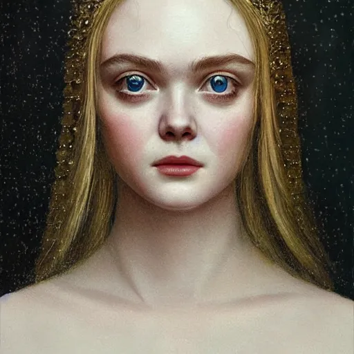 Image similar to professional painting of Elle Fanning in the style of Dino Valls, head and shoulders portrait, symmetrical facial features, smooth, sharp focus, illustration, intricate, stormy weather, extremely detailed masterpiece,